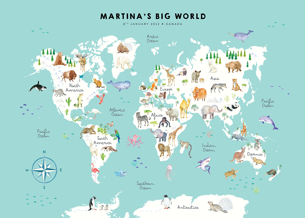 Personalized animal world map in English