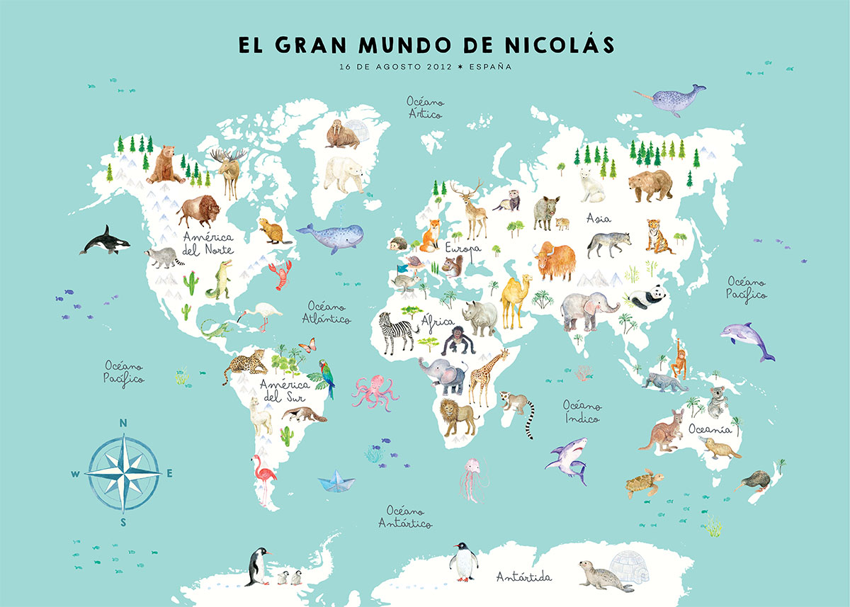 Personalized animal world map in Spanish