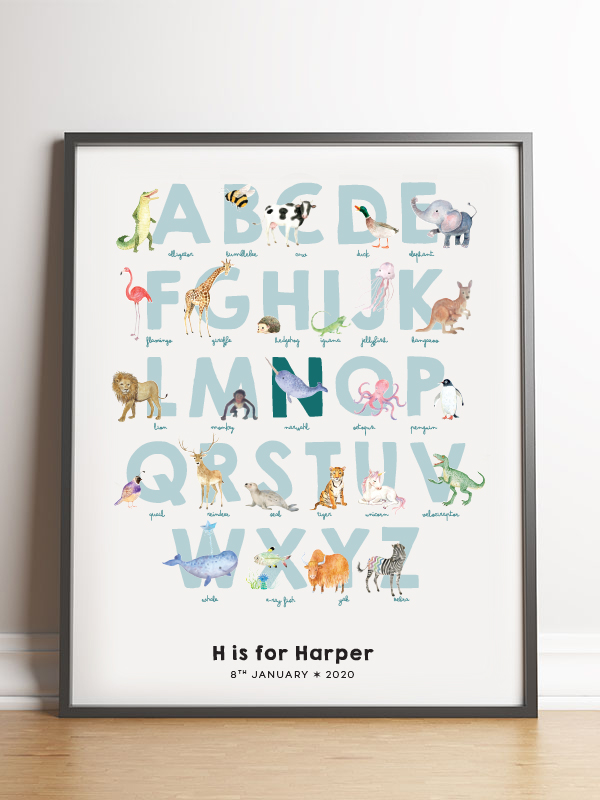 Framed personalized alphabet nursery print H for Harper