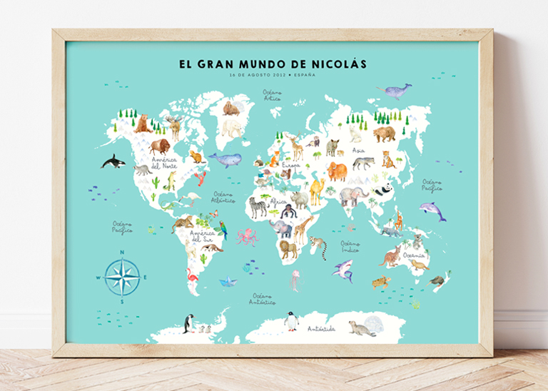 Mapamundi de animales personalizado en español enmarcado